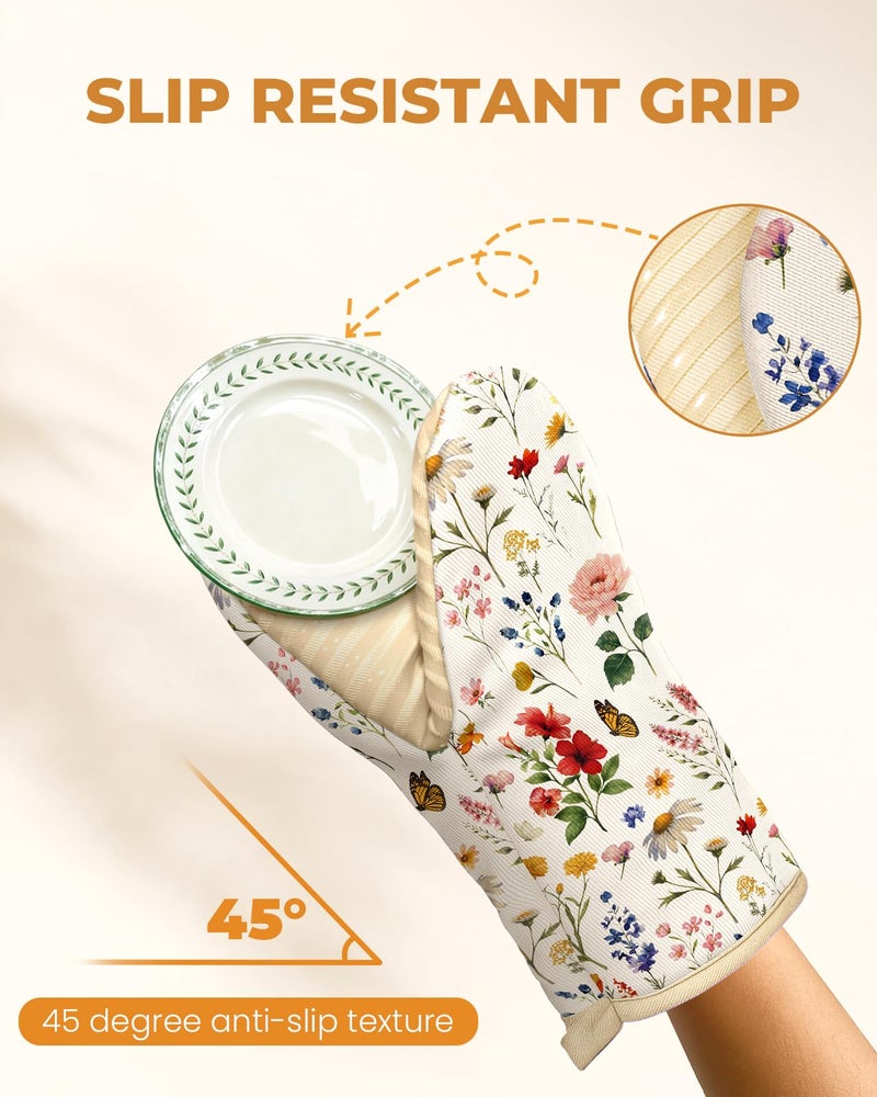 Slohif Vintage Floral Mini Oven Mitts Set â€“ Beige Extended Short Heat Resistant Kitchen Gloves for Women, 100% Cotton Oven Mitts with Silicone Grips, Non-Slip and Thick Durable for Cooking & Baking - Image 4