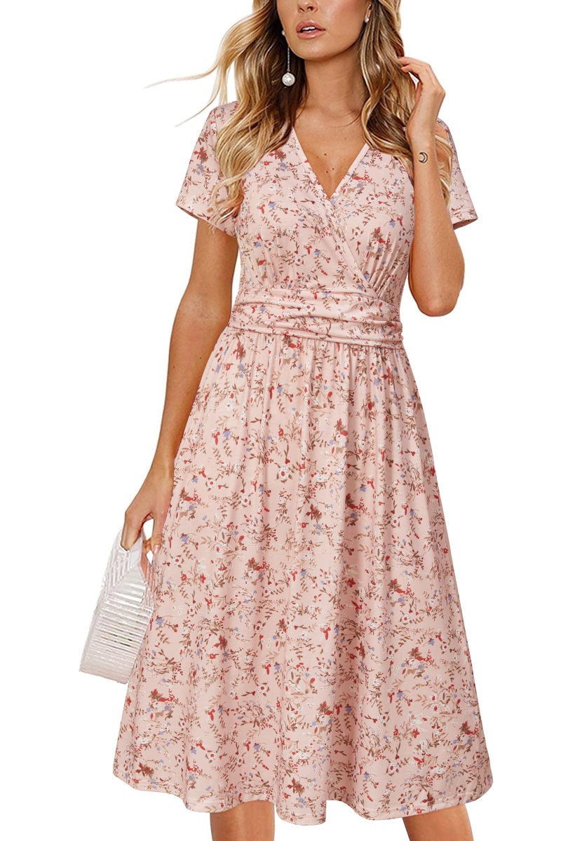 OUGES Casual Spring Summer Dress for Women 2026 Wrap V Neck A Line Midi Party Dresses with Pockets(FloralZ45,XL) - Image 1