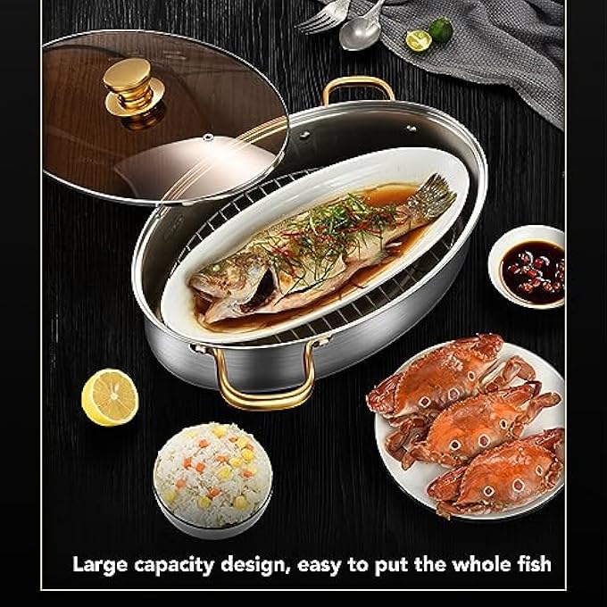 وعاء طهي بيضاوي متعدد الاستخدامات من الفولاذ المقاوم للصدأ مع رف وغطاء مقلاة سيراميكية، وعاء طهي متعدد الاستخدامات من الفولاذ المقاوم للصدأ 304 لطهي حساء السمك بالبخار - Image 5