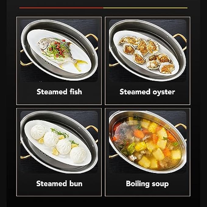 وعاء طهي بيضاوي متعدد الاستخدامات من الفولاذ المقاوم للصدأ مع رف وغطاء مقلاة سيراميكية، وعاء طهي متعدد الاستخدامات من الفولاذ المقاوم للصدأ 304 لطهي حساء السمك بالبخار - Image 4