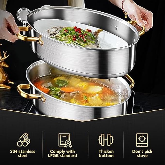 وعاء طهي بيضاوي متعدد الاستخدامات من الفولاذ المقاوم للصدأ مع رف وغطاء مقلاة سيراميكية، وعاء طهي متعدد الاستخدامات من الفولاذ المقاوم للصدأ 304 لطهي حساء السمك بالبخار - Image 3