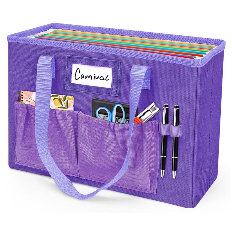 abcxgood Desktop File Organizer BoxCollapsible Hanging Filing BoxHome Office Document Storage Organizer with Front Pocket and Handles Letter Size Folder PURPLE - Image 2