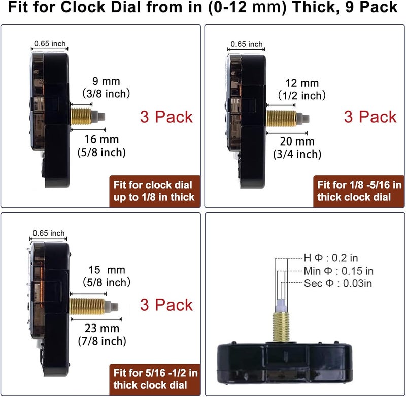 EMOON 9 Pieces Clock Mechanism Replacement Kit with 12 Pack Clock Hands, Silent Sweep Clock Motor Kit Battery Operated for Clock Repair DIY Replacement, Custom Clock - Image 3