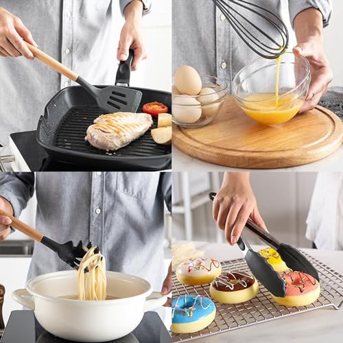 Keidason Silicon Cooking Utensils Set for Kitchen, 12 pcs Non-Stick Cooking Set 446°F Heat Resistant with Wooden Handle Spatula Turner Spoon Tongs Whisk,BPA-Free(Milk White) - Image 4