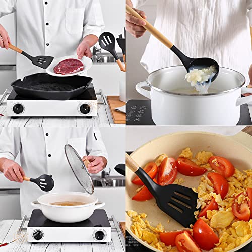 Keidason Silicon Cooking Utensils Set for Kitchen, 12 pcs Non-Stick Cooking Set 446°F Heat Resistant with Wooden Handle Spatula Turner Spoon Tongs Whisk,BPA-Free(Milk White) - Image 3