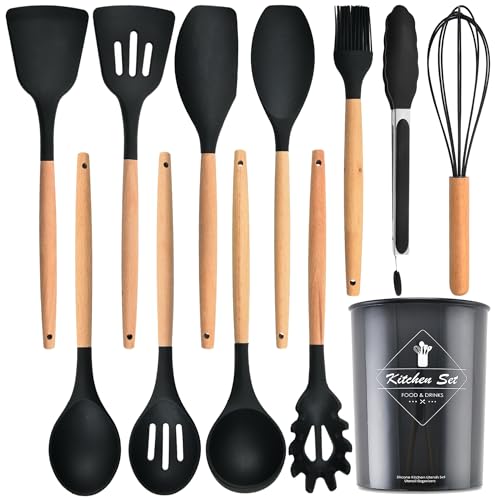 Keidason Silicon Cooking Utensils Set for Kitchen, 12 pcs Non-Stick Cooking Set 446°F Heat Resistant with Wooden Handle Spatula Turner Spoon Tongs Whisk,BPA-Free(Milk White) - Image 1