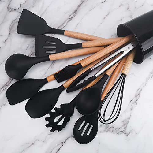 Keidason Silicon Cooking Utensils Set for Kitchen, 12 pcs Non-Stick Cooking Set 446°F Heat Resistant with Wooden Handle Spatula Turner Spoon Tongs Whisk,BPA-Free(Milk White) - Image 5