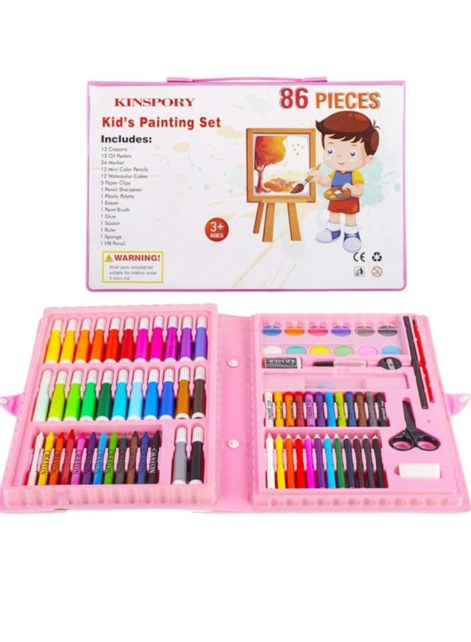 مجموعة تلوين محمولة للاطفال من 86 قطعة للرسم والتلوين، بينك - Image 1