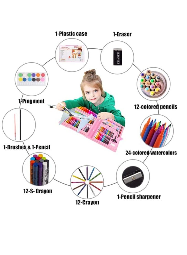 مجموعة تلوين محمولة للاطفال من 86 قطعة للرسم والتلوين، بينك - Image 2