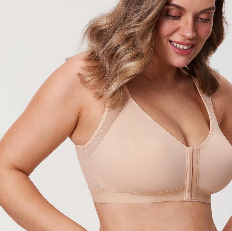 DELIMIRA Women's Front Closure Posture Wireless Back Support Full Coverage Bra Beige 36DD - Image 3