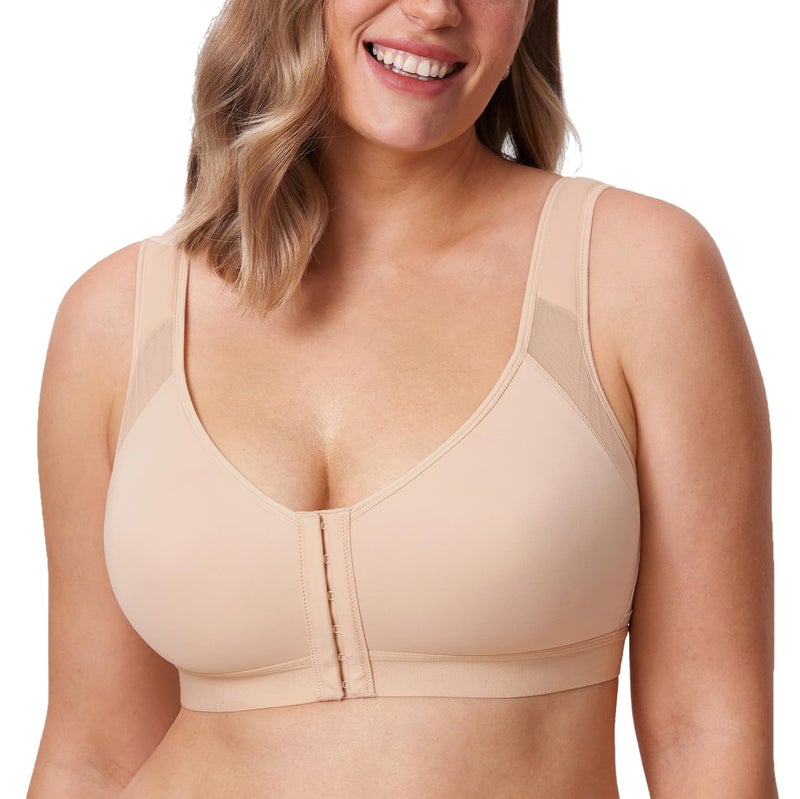 DELIMIRA Women's Front Closure Posture Wireless Back Support Full Coverage Bra Beige 36DD - Image 2