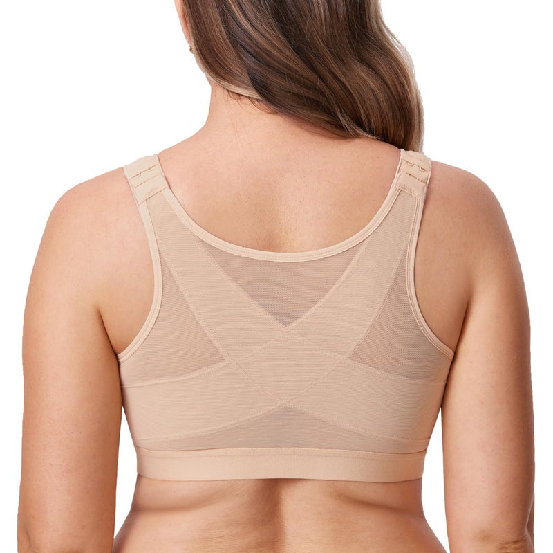 DELIMIRA Women's Front Closure Posture Wireless Back Support Full Coverage Bra Beige 36DD - Image 1