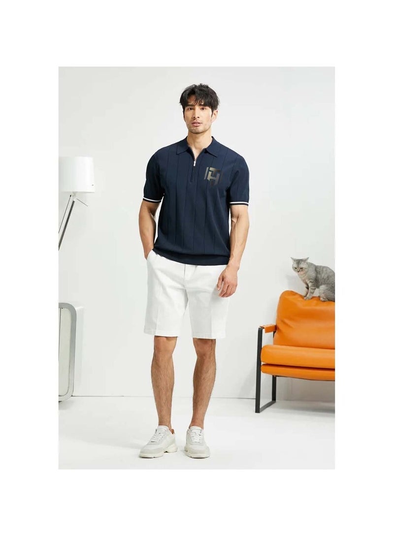 Huitich Men's Summer Polo Shirt – Navy Blue, Half-Zip, Short Sleeve, Ribbed Texture Size M  - Image 2