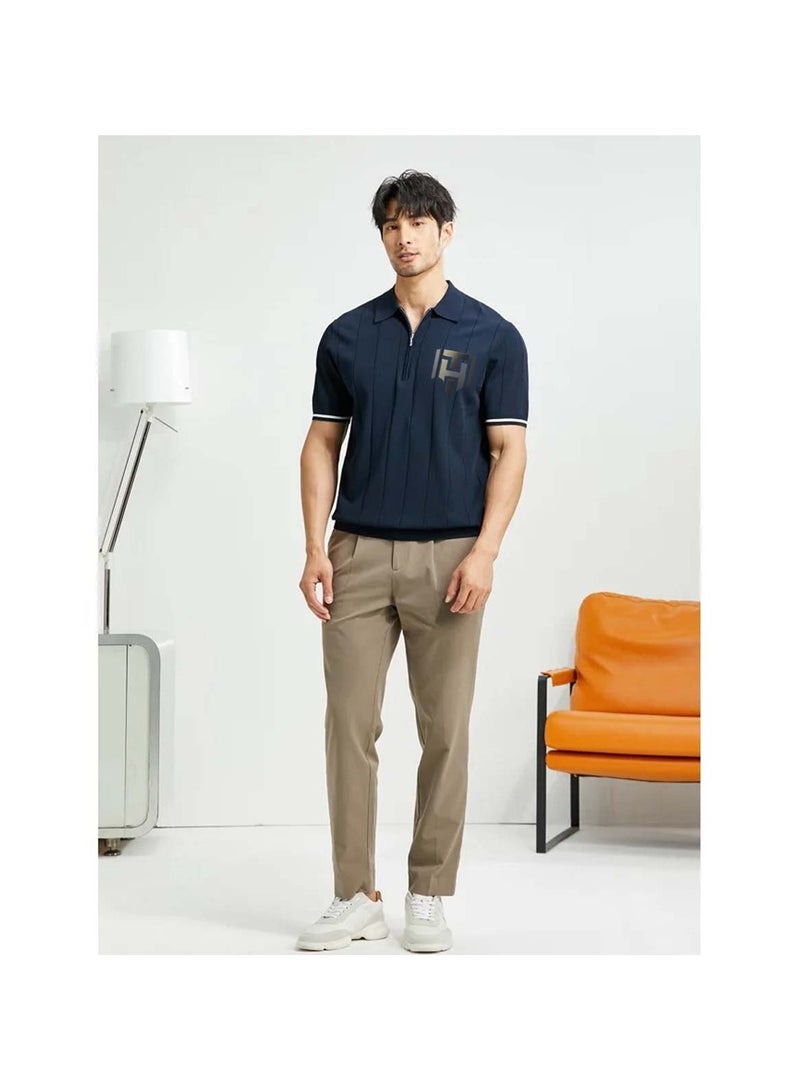 Huitich Men's Summer Polo Shirt – Navy Blue, Half-Zip, Short Sleeve, Ribbed Texture Size M  - Image 3
