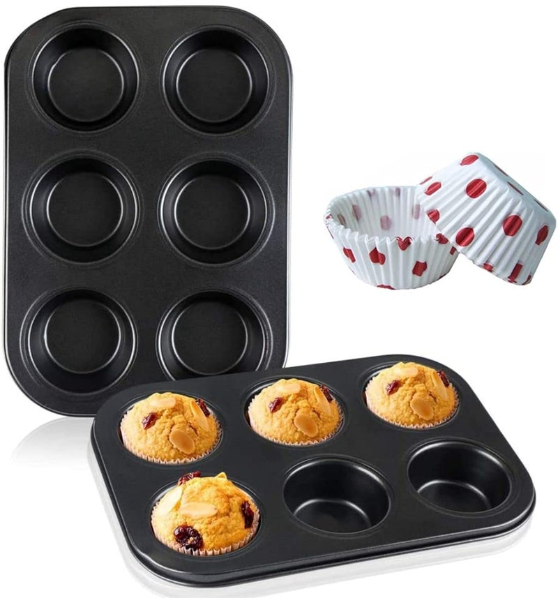 Bake House Nonstick Aluminum 6 Cavity Muffin Tray with 100 Pieces Cupcake Muffin Liner Pack Off 2 - Image 1