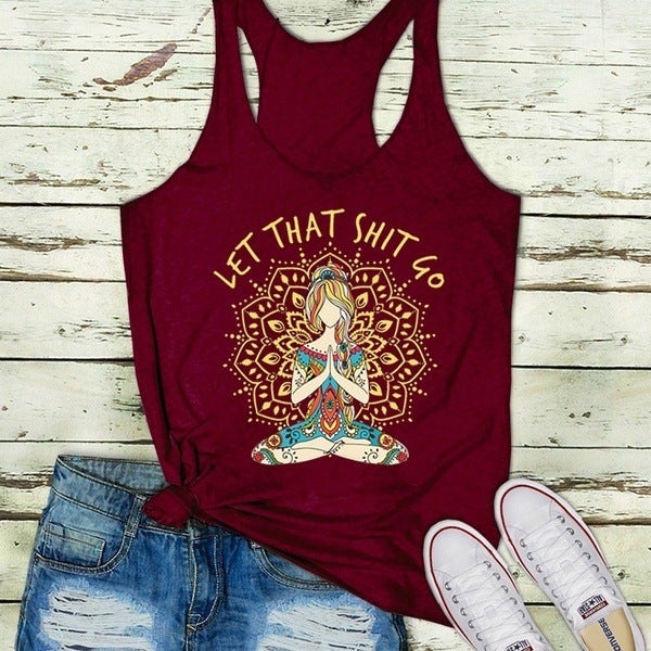 Modal Crewneck Sleeveless Vest Women Printed AliExpress EBAY Amazon Ethnic Yoga Pattern wine red pattern 