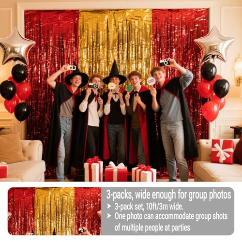 Parxara 3 Packs Red Gold Foil Fringe Curtains Extra Wide 9.9ft for Birthday Party Tinsel Backdrop Movie Night Decor Farewell Party Streamer,Retirement Decorations, Backdrop for Graduations Each 3.3 x 6.5 ft - Image 2