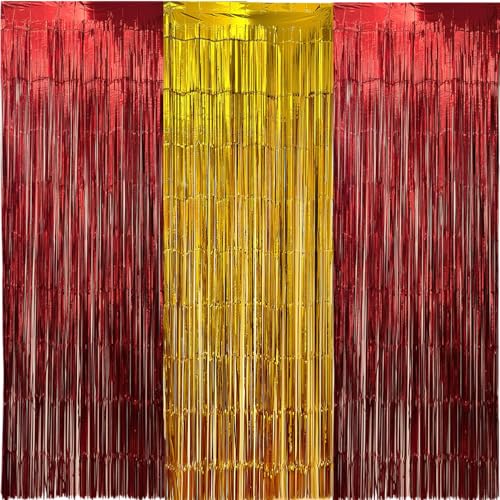 Parxara 3 Packs Red Gold Foil Fringe Curtains Extra Wide 9.9ft for Birthday Party Tinsel Backdrop Movie Night Decor Farewell Party Streamer,Retirement Decorations, Backdrop for Graduations Each 3.3 x 6.5 ft - Image 1