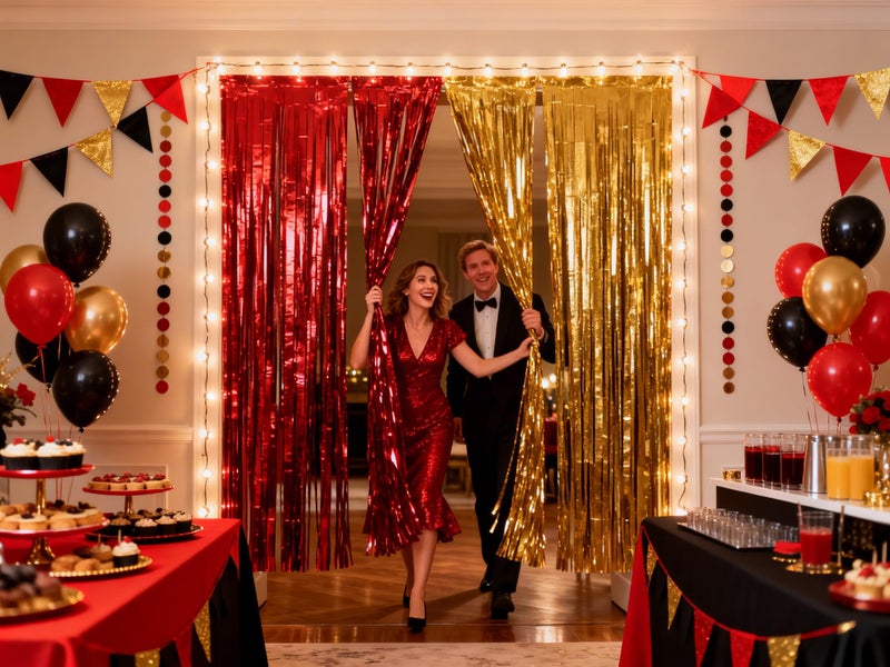 Parxara 3 Packs Red Gold Foil Fringe Curtains Extra Wide 9.9ft for Birthday Party Tinsel Backdrop Movie Night Decor Farewell Party Streamer,Retirement Decorations, Backdrop for Graduations Each 3.3 x 6.5 ft - Image 4
