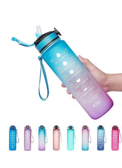 TYCOM Water Bottle 1L with Time Marker Strainer Tritan BPA Free Leak-Proof BPA Free, Motivational Reusable for Fitness Gym Outdoor Sports (Dark Blue-Pink)  - Image 1