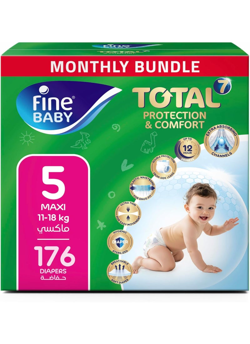 Fine Baby Total 7 Diapers, Size 5 Maxi (11–18 kg), 176 Count. Superior Protection & Comfort, Extra Absorbent, Improved Formula - Image 1