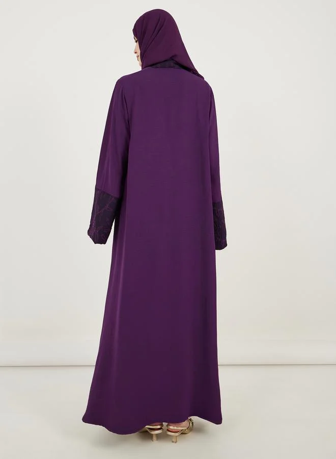 Styli Jacquard Front Crepe Abaya with Matching Hijab