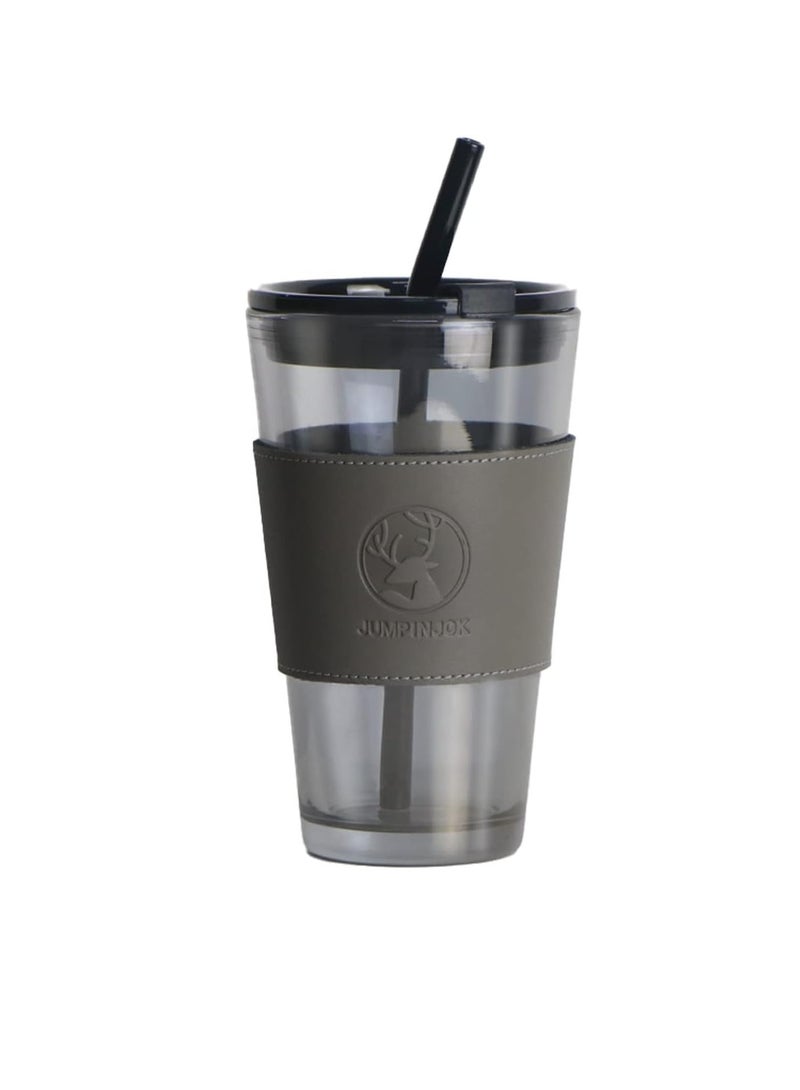 Liying 450ml Glass Coffee Tumbler with Straw and Lid Sealed Carry on, Glass Iced Coffee Cup, Leak-Proof Glass Tumbler Cup, Reusable Smoothie Mugs for Cold & Hot Drinks, Coffee, Tea, Shake (Black)  - Image 1