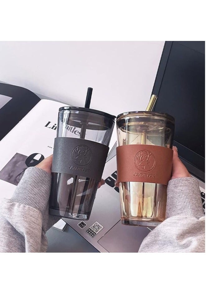 Liying 450ml Glass Coffee Tumbler with Straw and Lid Sealed Carry on, Glass Iced Coffee Cup, Leak-Proof Glass Tumbler Cup, Reusable Smoothie Mugs for Cold & Hot Drinks, Coffee, Tea, Shake (Black)  - Image 3