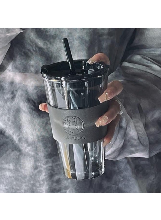 Liying 450ml Glass Coffee Tumbler with Straw and Lid Sealed Carry on, Glass Iced Coffee Cup, Leak-Proof Glass Tumbler Cup, Reusable Smoothie Mugs for Cold & Hot Drinks, Coffee, Tea, Shake (Black)  - Image 4