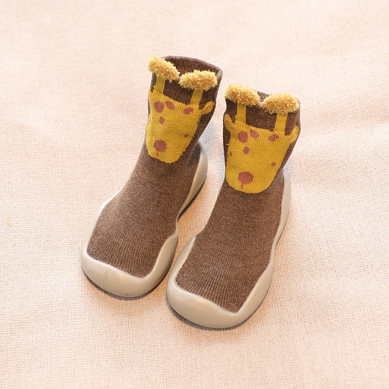 Kids Cartoon Sock Shoes Spring Autumn Anti-Slip Mid-Tube Coffee giraffe (gray bottom) 