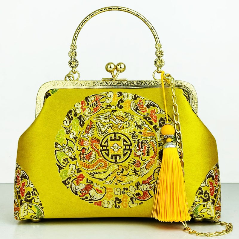 Chinese Style Embroidered Cheongsam Bag Womens Chinese Style Hanfu Elegant Retro Handbag Antique Small Bag Hand Bag in Stock Dragon robe yellow + yellow tassel