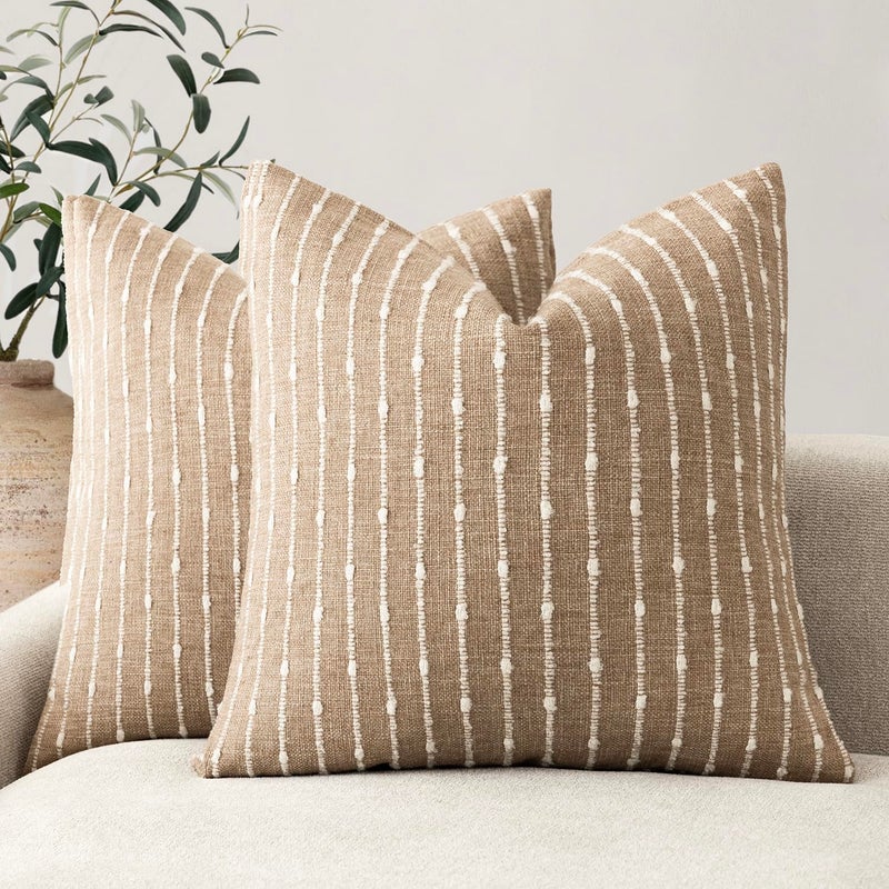 Foindtower Pack of 2 Decorative Jacquard Boucle Throw Pillow Covers Accent Textured Striped Pillowcases Cozy Modern Cushion for Couch Sofa Bedroom Living Room Home Decor 18x18 Inch Camel - Image 1