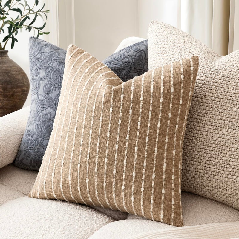 Foindtower Pack of 2 Decorative Jacquard Boucle Throw Pillow Covers Accent Textured Striped Pillowcases Cozy Modern Cushion for Couch Sofa Bedroom Living Room Home Decor 18x18 Inch Camel - Image 5