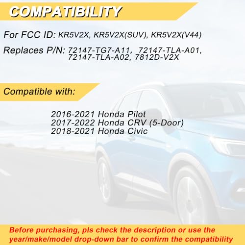 Vurkcy Key Fob Replacement for 2016-2021 Honda Pilot/ 2017-2022 Honda CRV 5-Door/ 18-21 Civic Car Keyless Entry Remote Control, KR5V2X, 5 Btn - Image 2