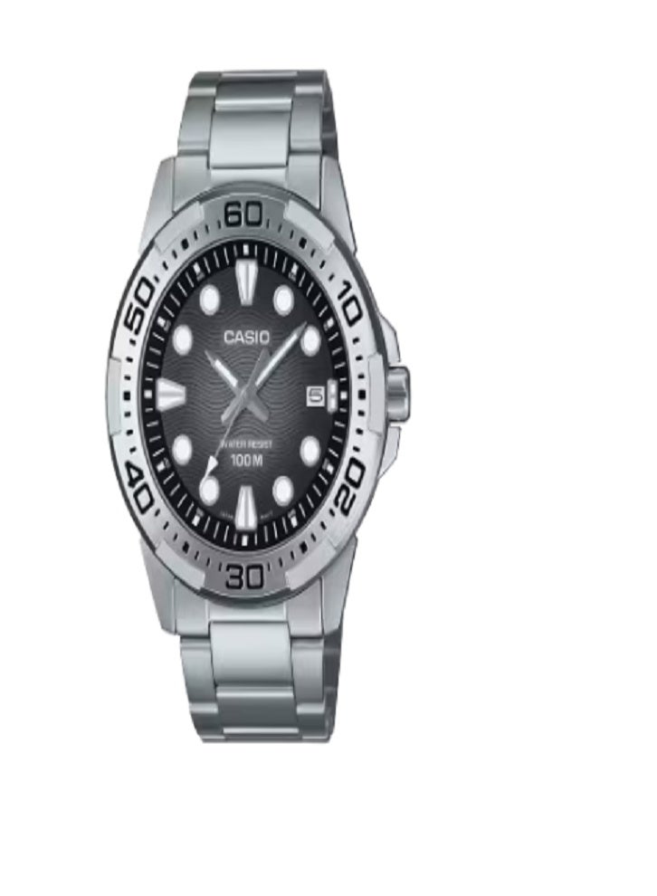 ساعة كاسيو للرجال بمينا أسود وسوار من الفولاذ المقاوم للصدأ - تصميم مستوحى من الغواصين مع مقاومة للماء حتى عمق 100 متر ودقة كوارتز
