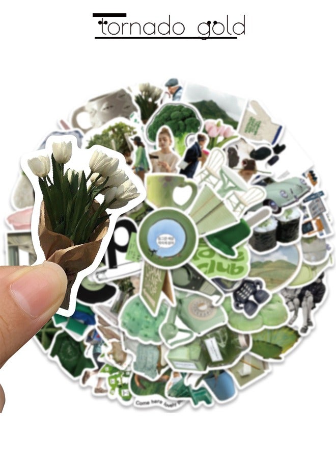 tornado gold 62 PCS Literary Korean Ins Style Green Stickers Laptop Account Book Water Cup Ipad Mobile Phone Case Decoration Waterproof Stickers Graffiti Stickers  - Image 3