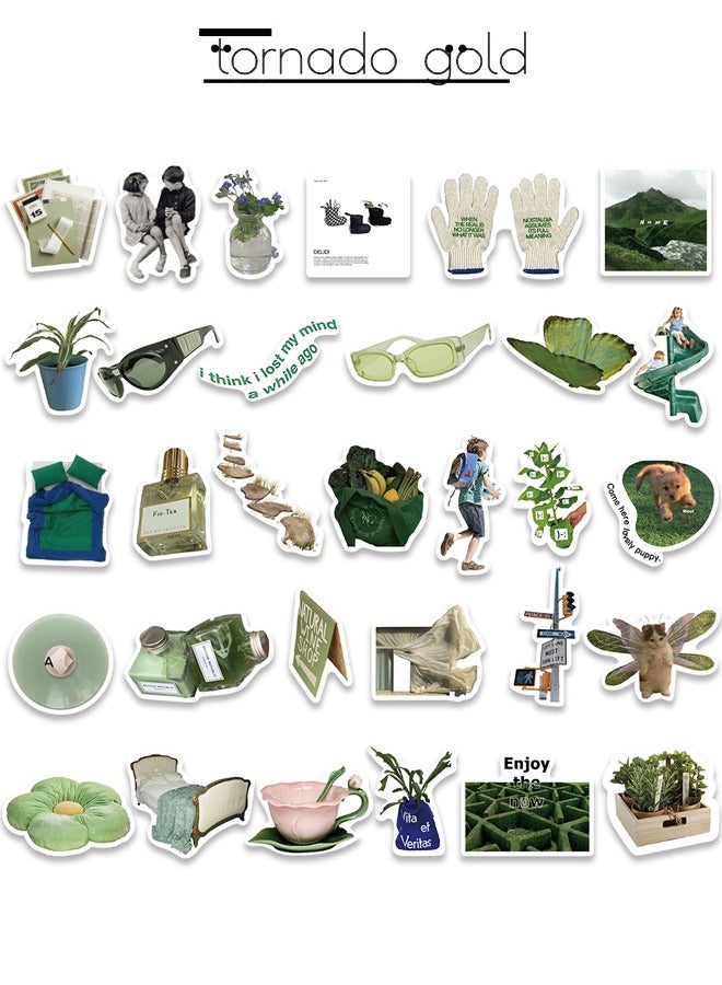 tornado gold 62 PCS Literary Korean Ins Style Green Stickers Laptop Account Book Water Cup Ipad Mobile Phone Case Decoration Waterproof Stickers Graffiti Stickers  - Image 5