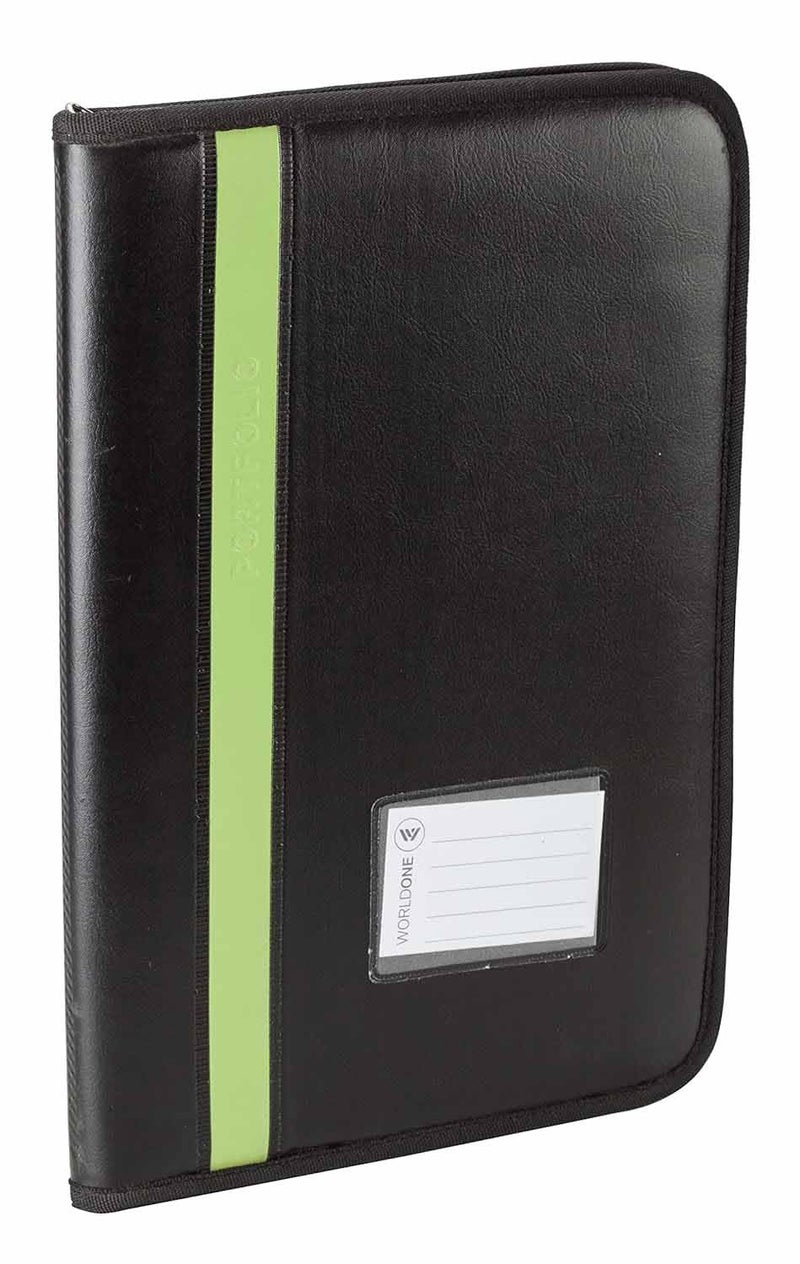 B4 (Bigger Size) Portfolio Display Book File | Leatherite Cover with Zipper Closure | 20 Sleeves, Multiple Small Pockets, Name Tag | Black with Green Strip | Pack of 1