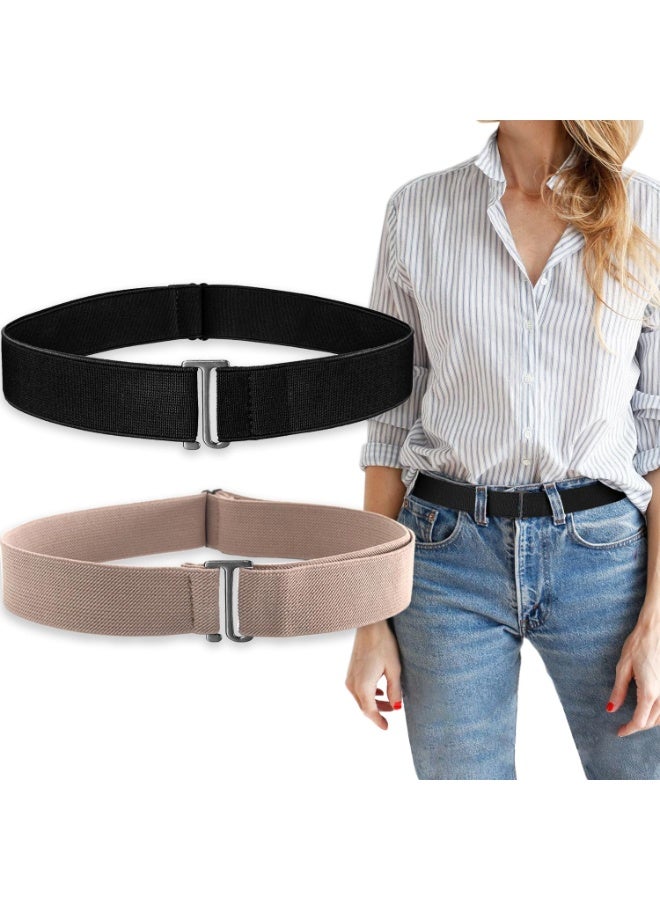 2Pcs No Show Stretch Belt for Women Invisible Elastic Tuck Band, Adjustable Strap Crop Belt with Flat Buckle for Jeans Pants Dresses - Image 1