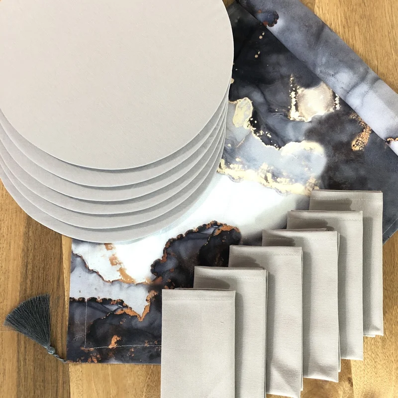 ديسينازمير PatternIzmir Placemat Gray Marble Pattern Set 6 Tableware, 6 Cloth Napkins and Runner Cover Combination 5