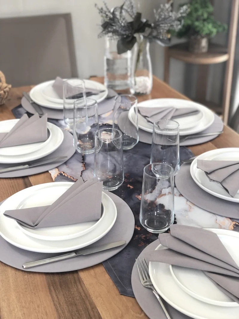 ديسينازمير PatternIzmir Placemat Gray Marble Pattern Set 6 Tableware, 6 Cloth Napkins and Runner Cover Combination 5