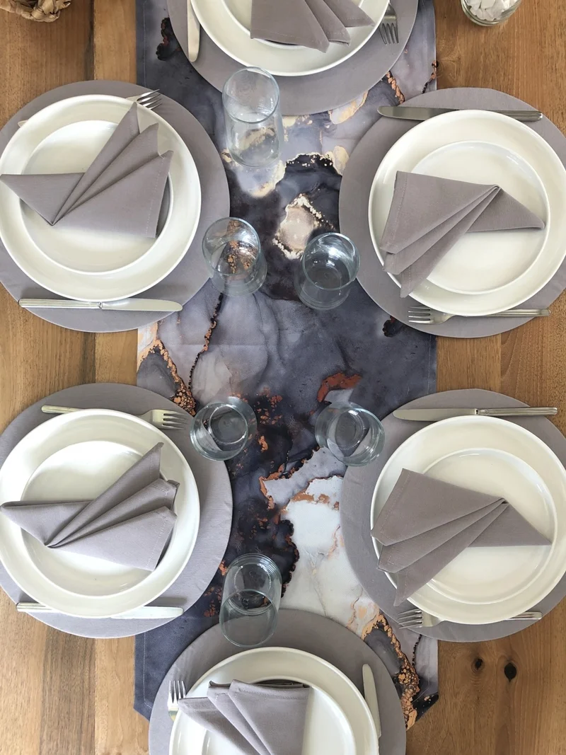 ديسينازمير PatternIzmir Placemat Gray Marble Pattern Set 6 Tableware, 6 Cloth Napkins and Runner Cover Combination 5