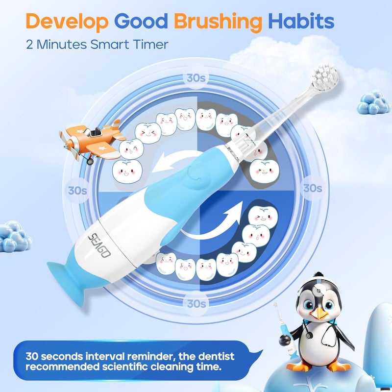Seago Toddler Electric Toothbrushes for Baby Ages 0-3 Years, Baby Toothbrush with Smart Timer and Suction Base, 4 Replacement Brush Heads SG-513 - Image 5