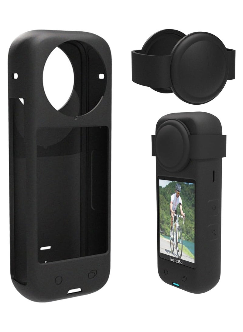 Silicone Protective Case Compatible with Insta360 x4, Insta360 x4 Panoramic Sports Camera Dustproof Drop-Proof Protective Case + Lens Cap (Black) - Image 1