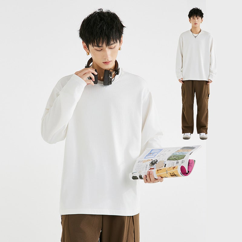 Heavy Cotton 300G Loose White Long-Sleeved T-Shirt Men'S Inner Sweater Solid Color Bottoming Shirt Men - Image 5