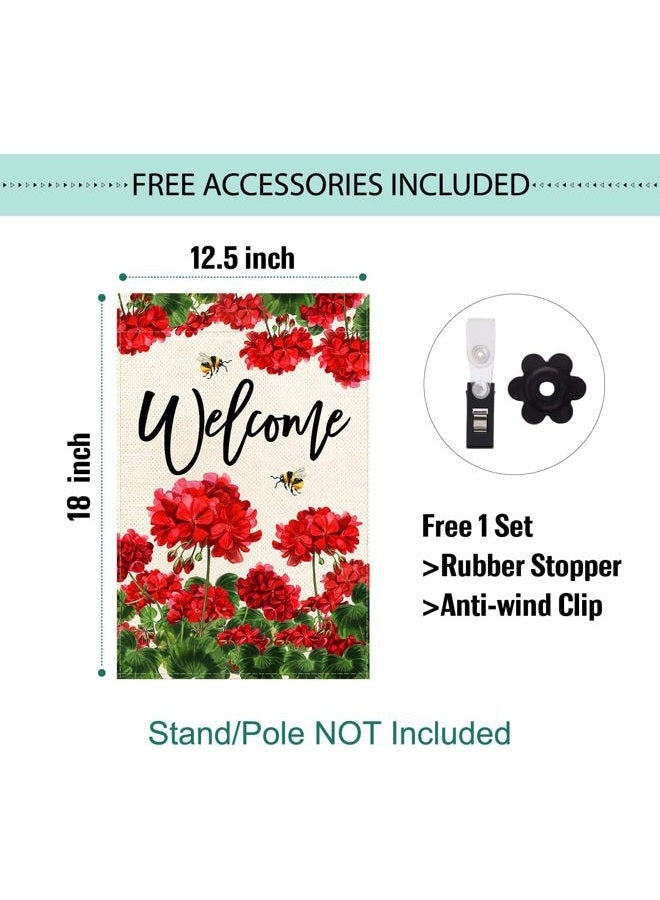 Baccessor Spring Summer Geranium Welcome Garden Flag Double Sided Summer Bee Red Floral Small Burlap Yard Flag House Seasonal Farmhouse Outside Outdoor Decoration 12.5 x 18 Inch - Image 4
