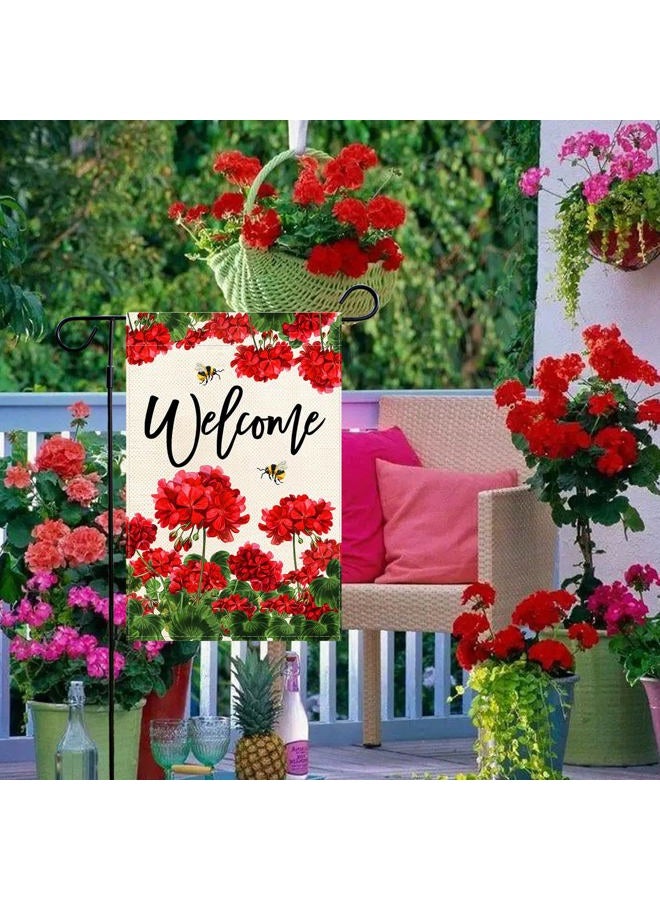 Baccessor Spring Summer Geranium Welcome Garden Flag Double Sided Summer Bee Red Floral Small Burlap Yard Flag House Seasonal Farmhouse Outside Outdoor Decoration 12.5 x 18 Inch - Image 2