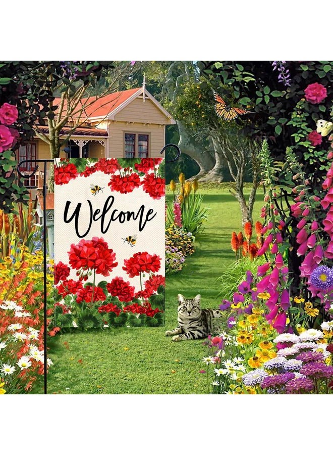Baccessor Spring Summer Geranium Welcome Garden Flag Double Sided Summer Bee Red Floral Small Burlap Yard Flag House Seasonal Farmhouse Outside Outdoor Decoration 12.5 x 18 Inch - Image 3