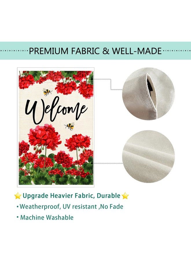 Baccessor Spring Summer Geranium Welcome Garden Flag Double Sided Summer Bee Red Floral Small Burlap Yard Flag House Seasonal Farmhouse Outside Outdoor Decoration 12.5 x 18 Inch - Image 5