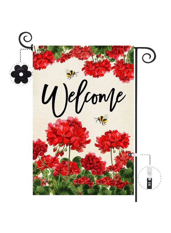 Baccessor Spring Summer Geranium Welcome Garden Flag Double Sided Summer Bee Red Floral Small Burlap Yard Flag House Seasonal Farmhouse Outside Outdoor Decoration 12.5 x 18 Inch - Image 1